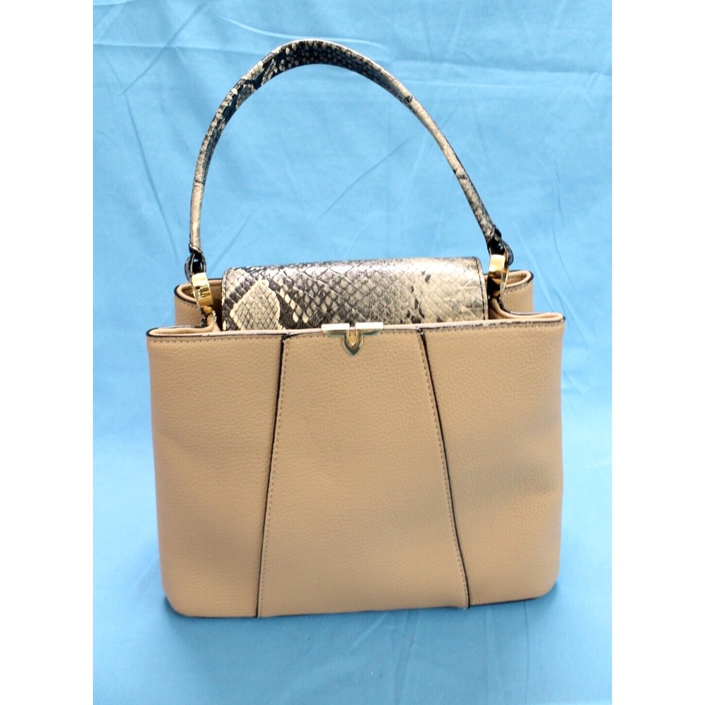 KATE LANDRY Tan FAUX PEBBLE LEATHER Snake Print Trim POCKETS Lined TOTE/BAG